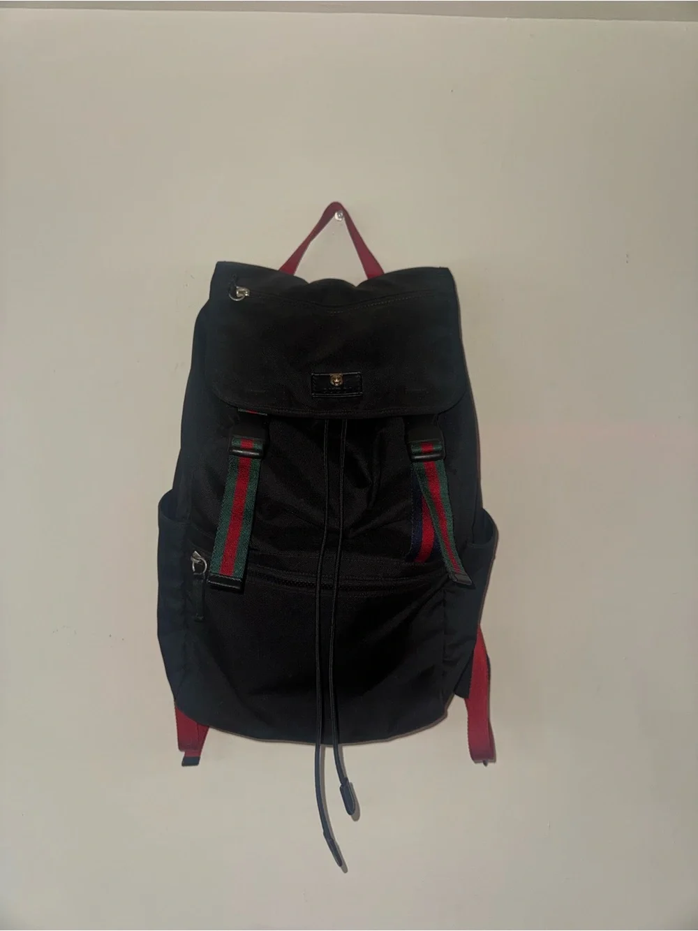 Gucci Black Canvas Backpack with Red and Green Stripe Accents